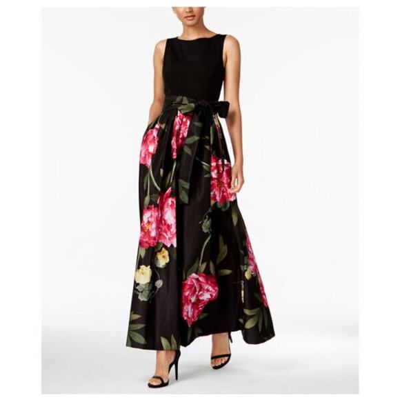Tahari Black & Pink Floral Print A-Line Sleeveless Maxi Dress Mother of Bride - Picture 1 of 8